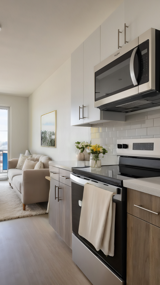 a kitchen with stainless steel appliances and a view of the ocean at The Blue at Eastline