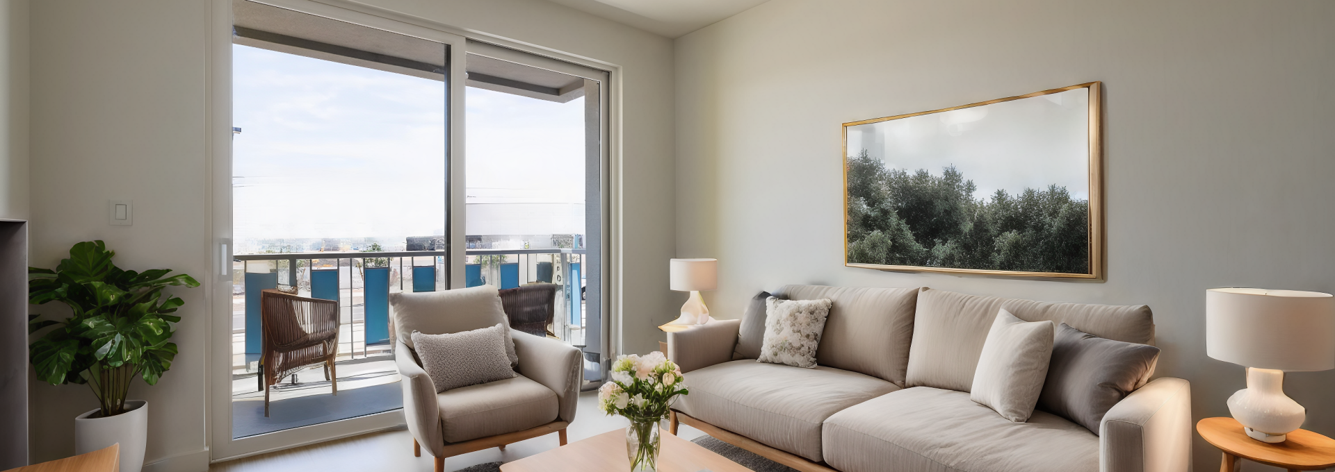 a living room with a large window overlooking the ocean at The Blue at Eastline