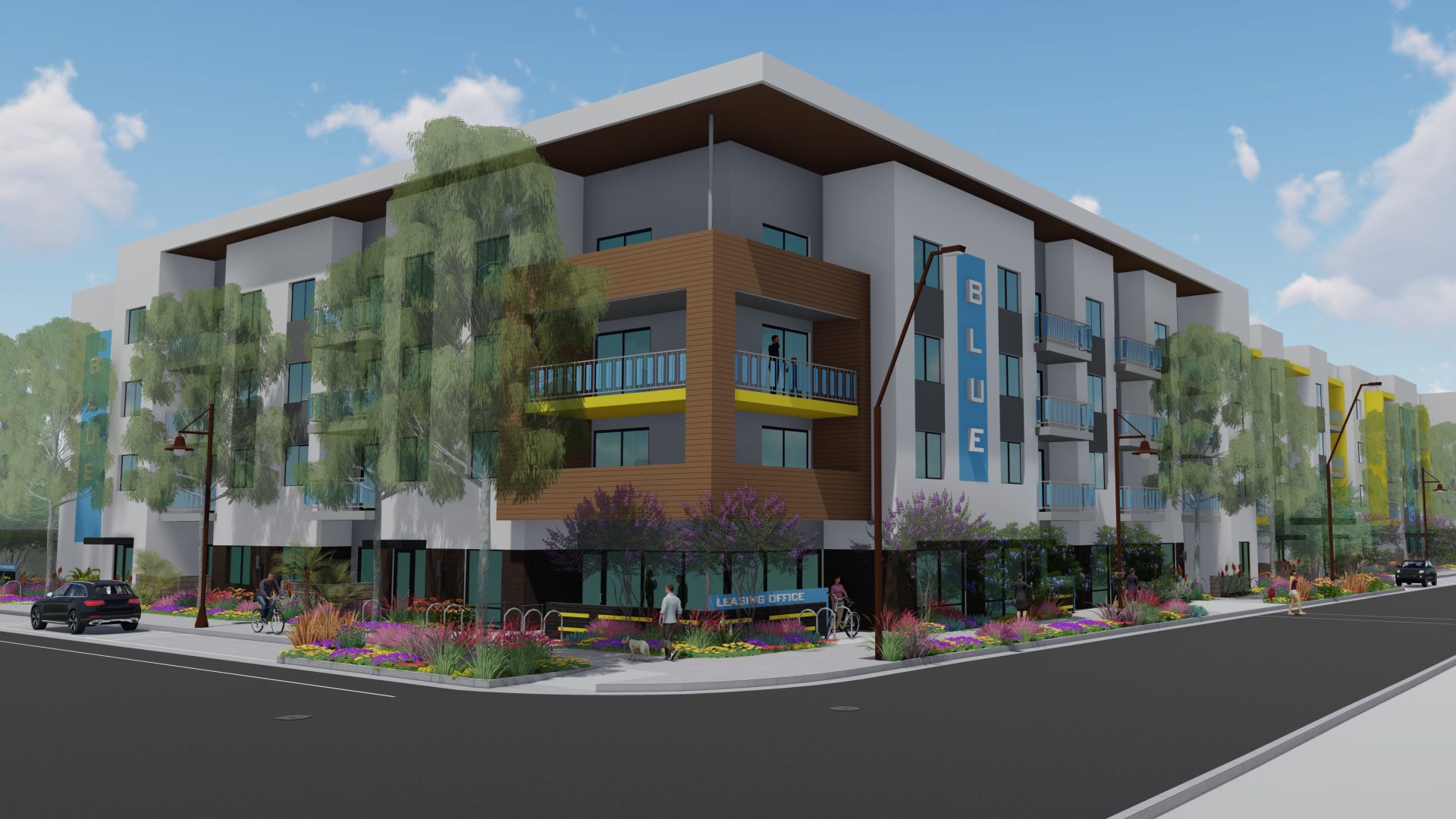 a rendering of a new apartment building in a residential area at The Blue at Eastline