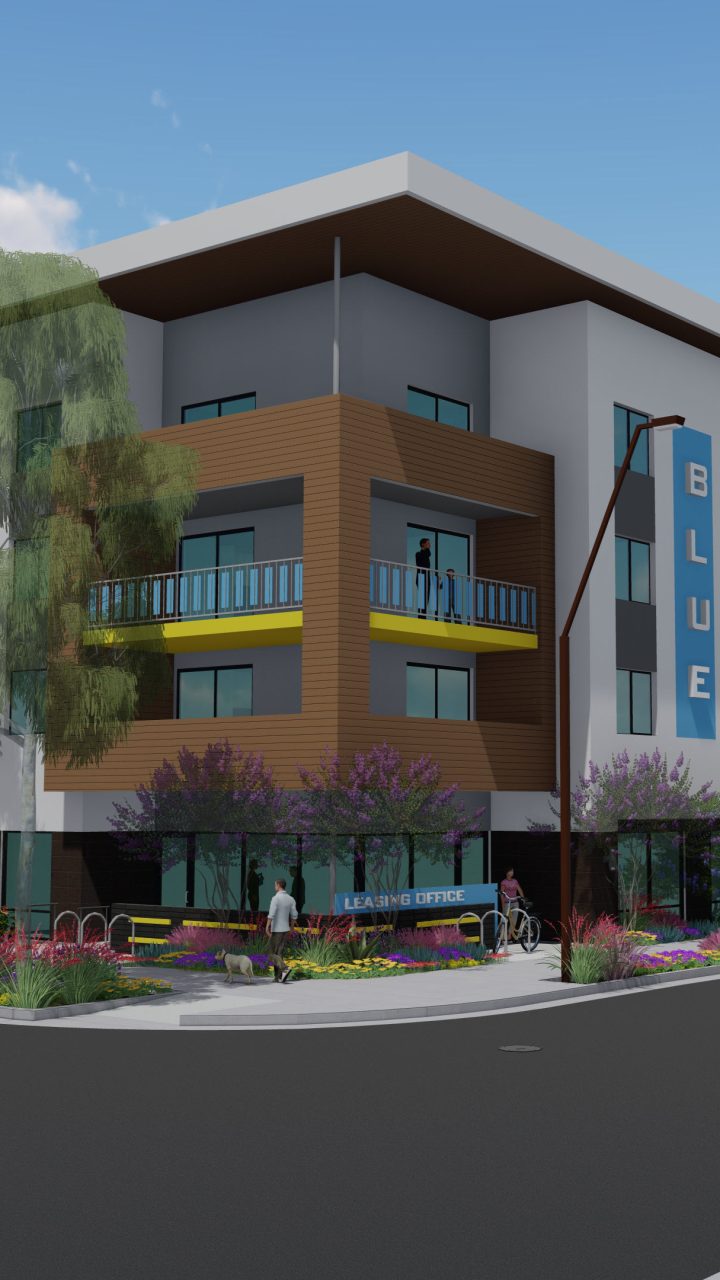 a rendering of a new apartment building in a residential area at The Blue at Eastline