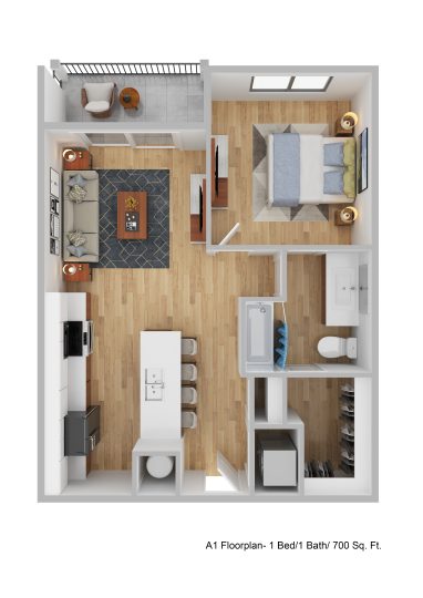 a floor plan of a one bedroom apartment at The Blue at Eastline