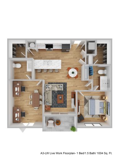 a floor plan of a one bedroom, 1.5 bath with work space/office apartment at The Blue Eastline