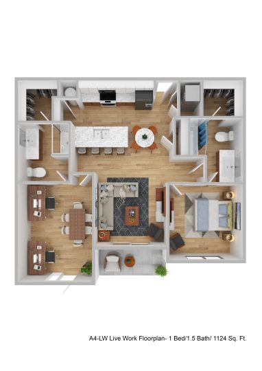 a floor plan of a two bedroom or 1 bedroom + Office/Work Space apartment at Blue Eastline