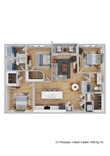 a floor plan of a three bedroom apartment at The Blue at Eastline