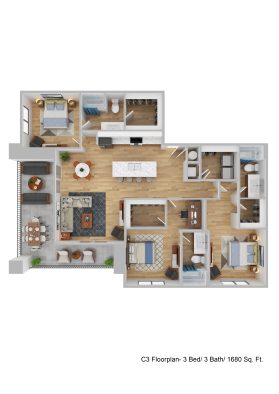 a floor plan of a three bedroom apartment at The Blue at Eastline