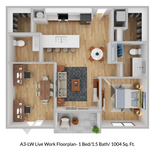 a 3d rendering of a two bedroom or 1 bedroom and office Live-work apartment at Blue Eastline in Tempe, Arizona