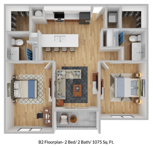 a 3d rendering of a two bedroom apartment at The Blue Eastline