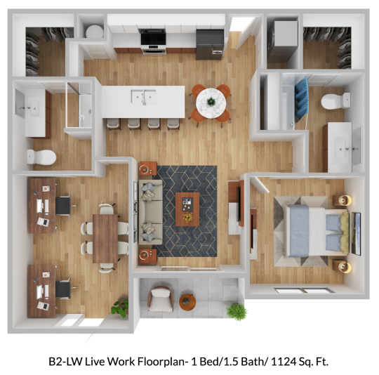 a 3d rendering of a two bedroom apartment at The Blue Eastline