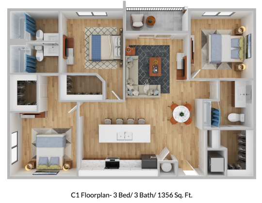 a 3d floor plan of a two bedroom apartment at The Blue Eastline